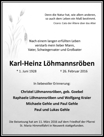 Traueranzeige von Karl-Heinz Löhmannsröben von Rheinische Post