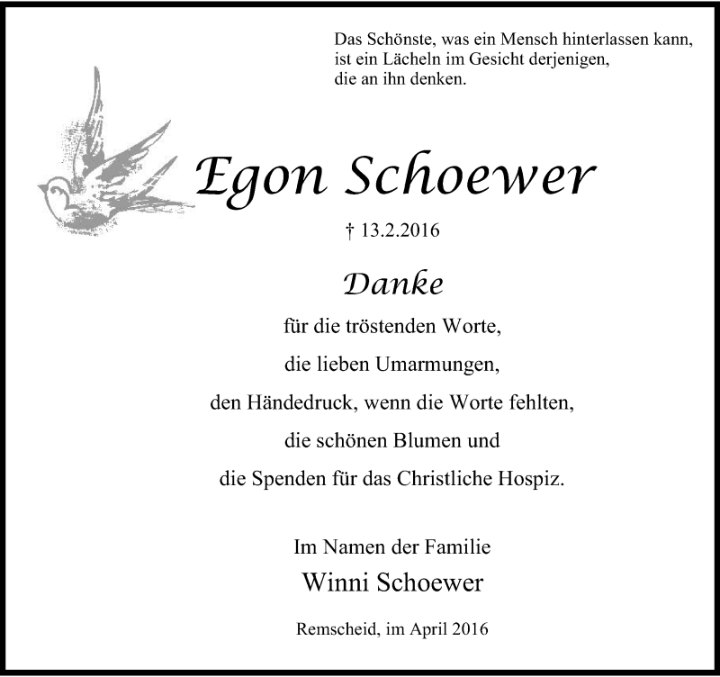  Traueranzeige für Egon Schoewer vom 02.04.2016 aus Rheinische Post