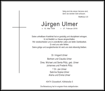 Traueranzeige von Jürgen Ulmer von Rheinische Post