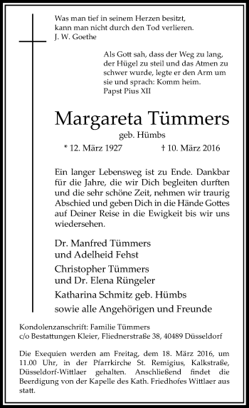 Traueranzeige von Margareta Tümmers von Rheinische Post