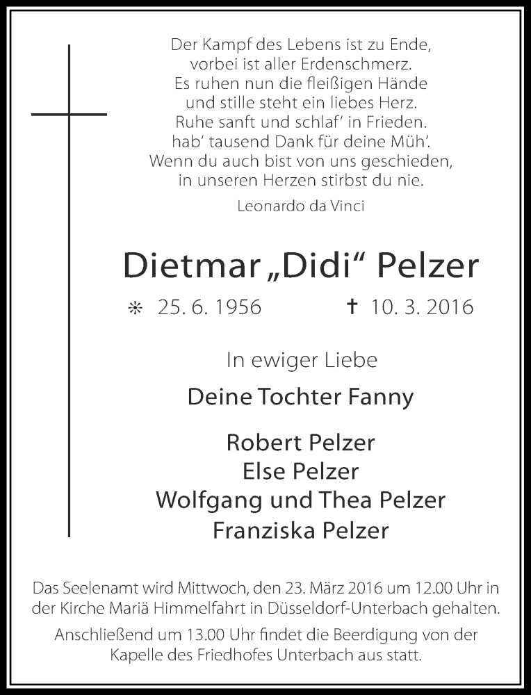  Traueranzeige für Dietmar Pelzer vom 19.03.2016 aus Rheinische Post