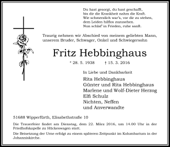 Traueranzeige von Fritz Hebbinghaus von Rheinische Post