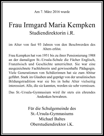Traueranzeige von Irmgard Maria Kempken von Rheinische Post