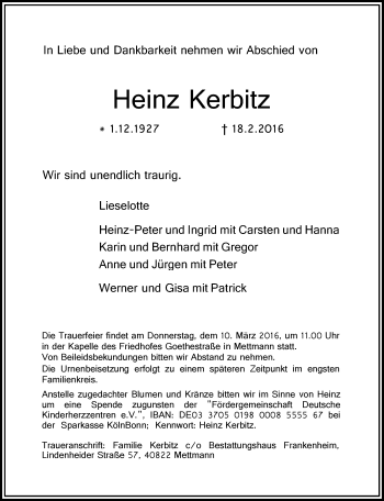 Traueranzeige von Heinz Kerbitz von Rheinische Post