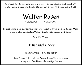 Traueranzeige von Walter Rösen von Rheinische Post