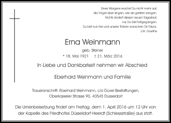Traueranzeige von Erna Weinmann von Rheinische Post