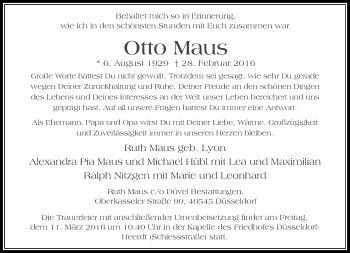 Traueranzeige von Otto Maus von Rheinische Post