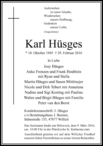 Traueranzeige von Karl Hüsges von Rheinische Post