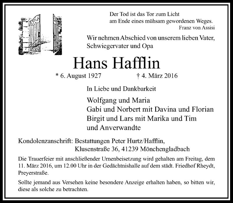  Traueranzeige für Hans Hafflin vom 09.03.2016 aus Rheinische Post