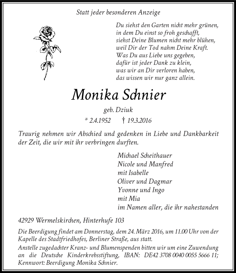  Traueranzeige für Monika Schnier vom 22.03.2016 aus Rheinische Post