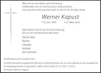 Traueranzeige von Werner Kapust von Rheinische Post
