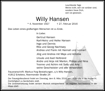 Traueranzeige von Willy Hansen von Rheinische Post