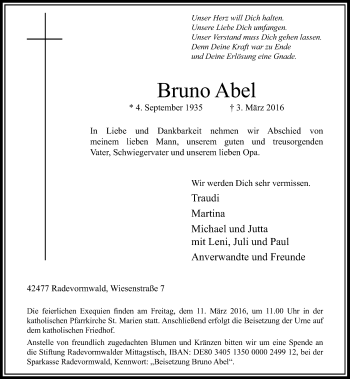 Traueranzeige von Bruno Abel von Rheinische Post