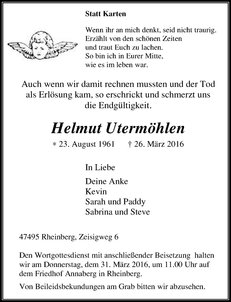  Traueranzeige für Helmut Utermöhlen vom 30.03.2016 aus Rheinische Post