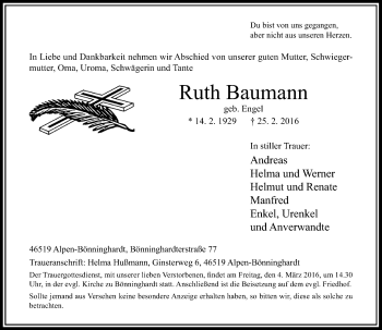 Traueranzeige von Ruth Baumann von Rheinische Post