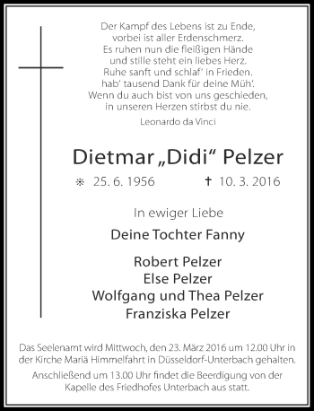 Traueranzeige von Dietmar Pelzer von Rheinische Post