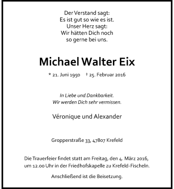 Traueranzeige von Michael Walter Eix von Rheinische Post