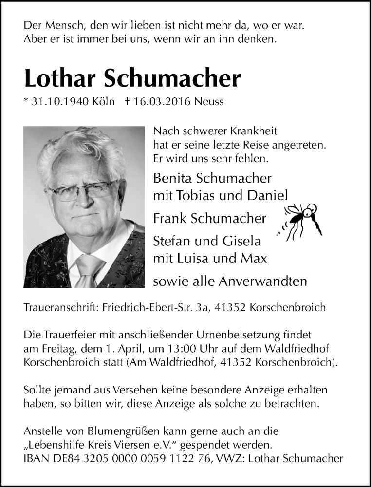  Traueranzeige für Lothar Schumacher vom 26.03.2016 aus Rheinische Post