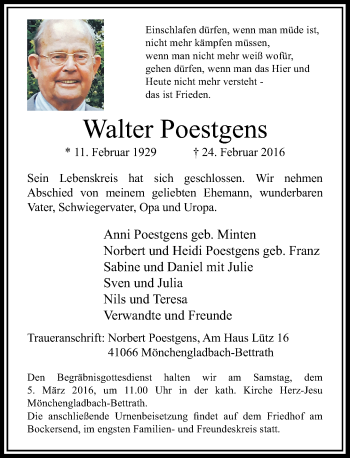 Traueranzeige von Walter Poestgens von Rheinische Post