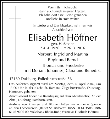 Traueranzeige von Elisabeth Höffner von Rheinische Post