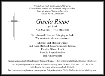 Traueranzeige von Gisela Riepe von Rheinische Post