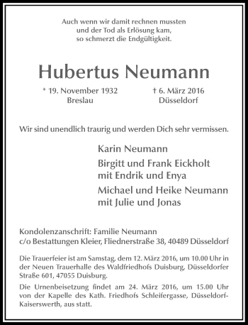 Traueranzeige von Hubertus Neumann von Rheinische Post