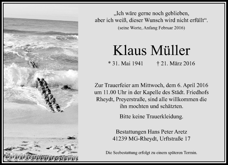  Traueranzeige für Klaus Müller vom 26.03.2016 aus Rheinische Post
