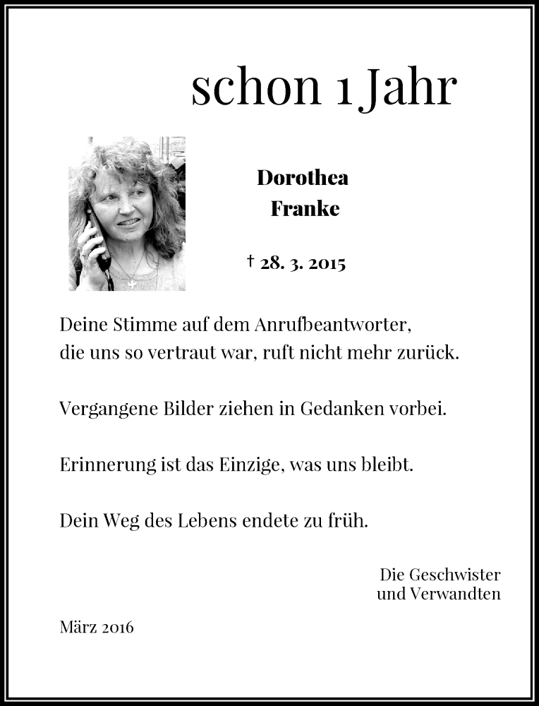  Traueranzeige für Dorothea Franke vom 26.03.2016 aus Rheinische Post