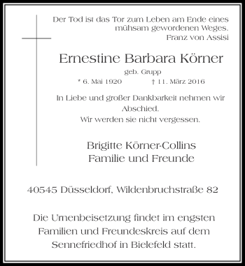 Traueranzeige von Ernestine Barbara Körner von Rheinische Post