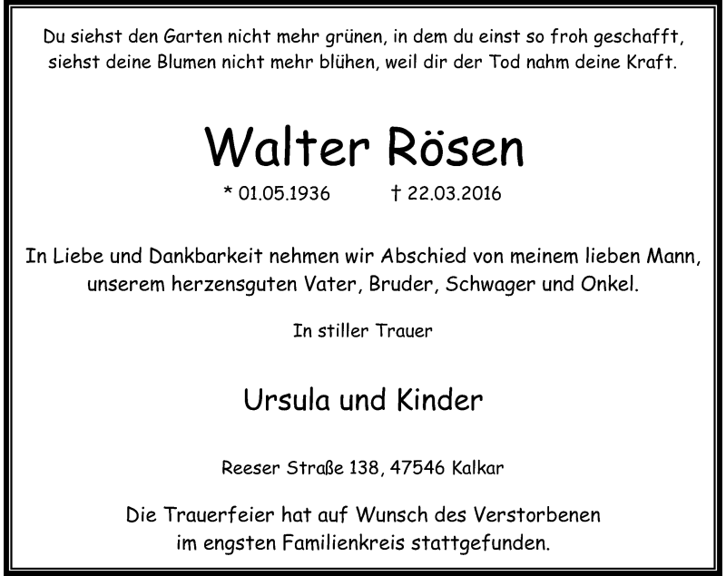  Traueranzeige für Walter Rösen vom 02.04.2016 aus Rheinische Post