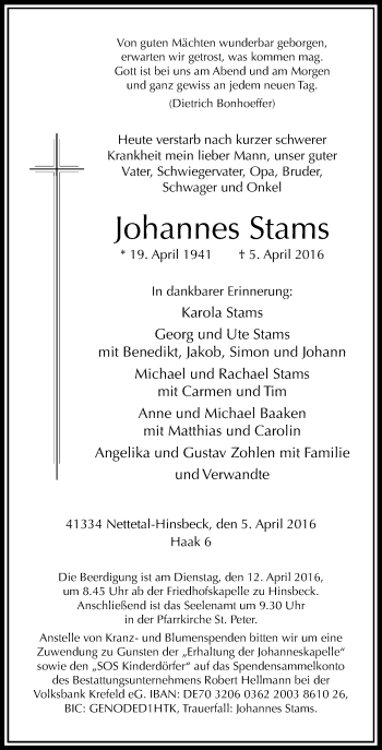 Traueranzeige von Johannes Stams von Rheinische Post