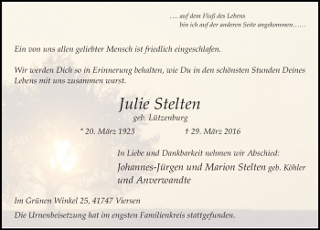 Traueranzeige von Julie Stelten von Rheinische Post