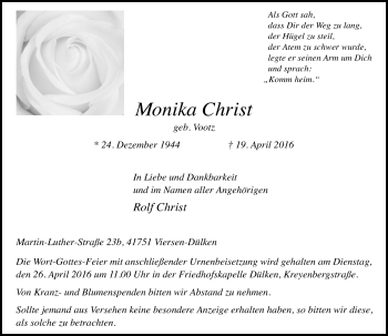 Traueranzeige von Monika Christ von Rheinische Post