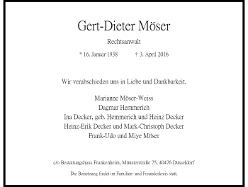 Traueranzeige von Gert-Dieter Möser von Rheinische Post