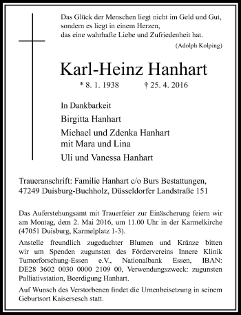 Traueranzeige von Karl-Heinz Hanhart von Rheinische Post