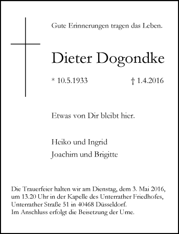 Traueranzeige von Dieter Dogondke von Rheinische Post