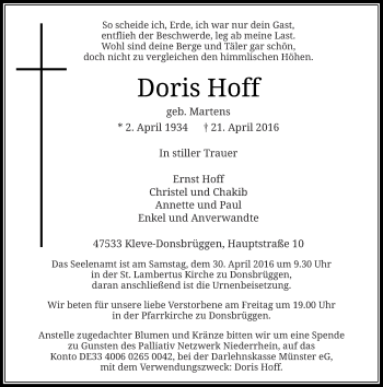 Traueranzeige von Doris Hoff von Rheinische Post