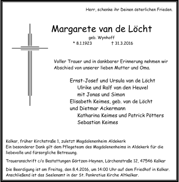 Traueranzeige von Margarete van de Löcht von Rheinische Post
