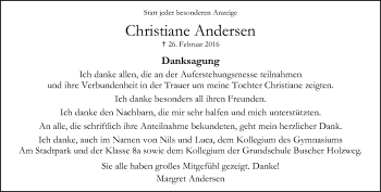 Traueranzeige von Christiane Andersen von Rheinische Post