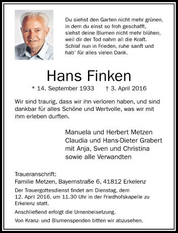 Traueranzeige von Hans Finken von Rheinische Post