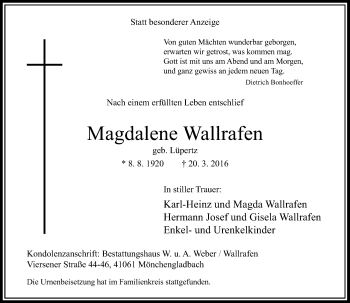 Traueranzeige von Magdalene Wallrafen von Rheinische Post