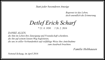 Traueranzeige von Detlef Erich Scharf von Rheinische Post