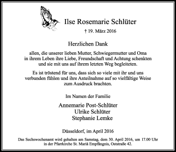 Traueranzeige von Ilse Rosemarie Schlüter von Rheinische Post