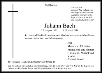 Traueranzeige von Johann Bach von Rheinische Post