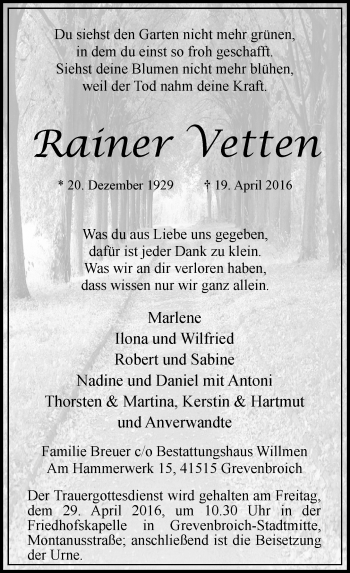 Traueranzeige von Rainer Vetten von Rheinische Post