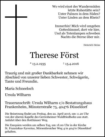 Traueranzeige von Therese Först von Rheinische Post