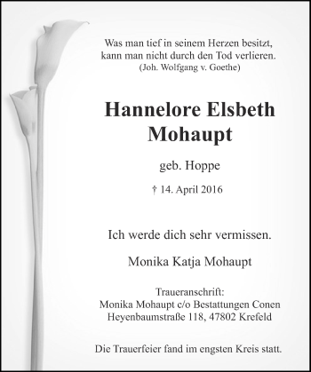 Traueranzeige von Hannelore Elsbeth Mohaupt von Rheinische Post