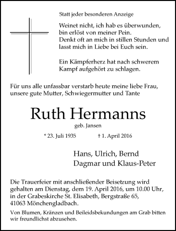 Traueranzeige von Ruth Hermanns von Rheinische Post