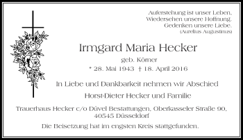 Traueranzeige von Irmgard Maria Hecker von Rheinische Post