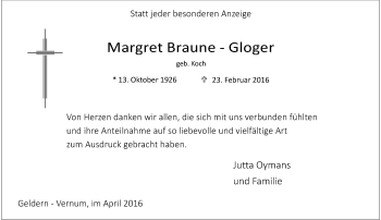 Traueranzeige von Margret Braune-Gloger von Rheinische Post